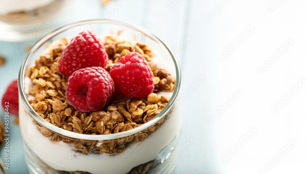 Delicious Yogurt Parfait Layered with Granola and Fresh Raspberries Delicious Yogurt Parfait Layered with Granola and Fresh Raspberries