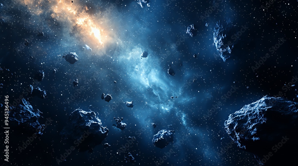Fototapeta premium A vast cosmic scene featuring asteroids and a colorful nebula in deep space.