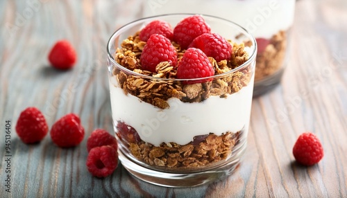 Delicious Yogurt Parfait Layered with Granola and Fresh Raspberries