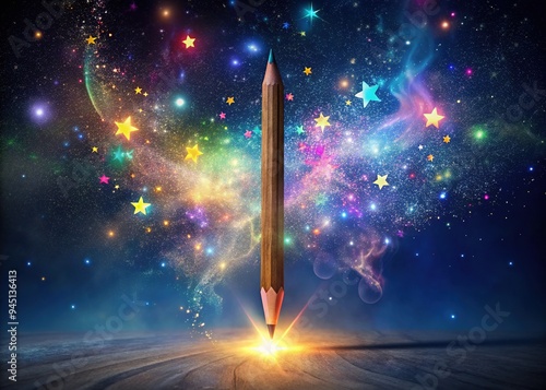 A slender wooden pencil levitates above a swirling mist of colorful stars, surrounded by delicate sparks, evoking a sense of whimsy and creative enchantment. photo