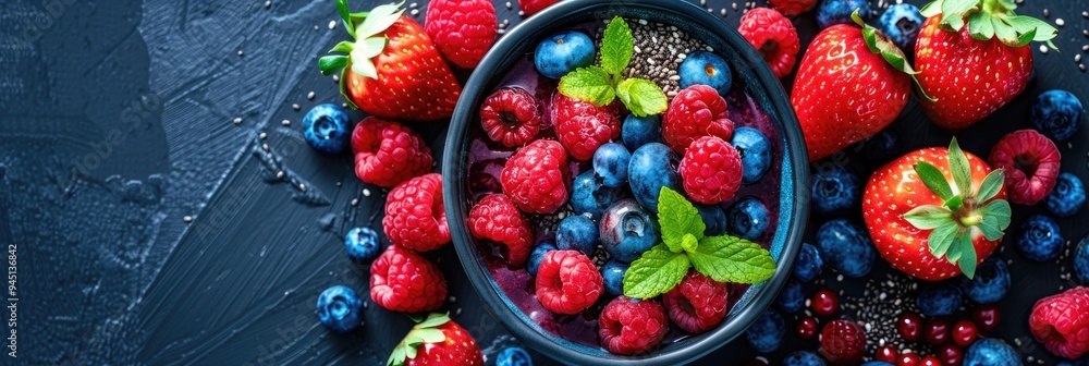 Nutritious Berry Smoothie Bowl with Strawberries, Blueberries, Raspberries, and Chia Seeds Nutritious Berry Smoothie Bowl with Strawberries, Blueberries, Raspberries, and Chia Seeds