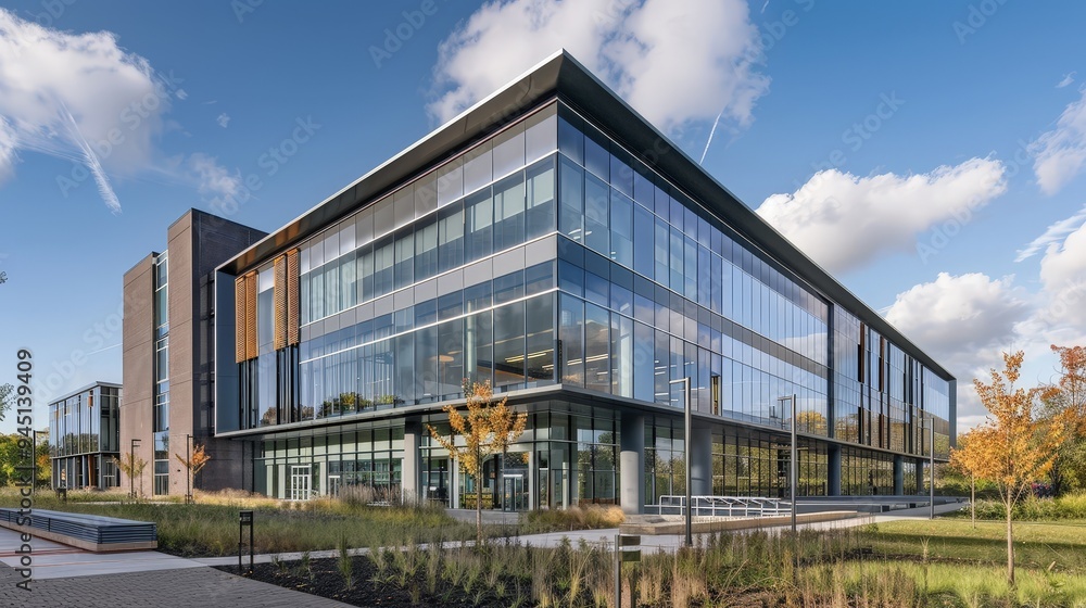 Fototapeta premium A state-of-the-art research facility with advanced architectural design. The building includes specialized labs, cutting-edge technology
