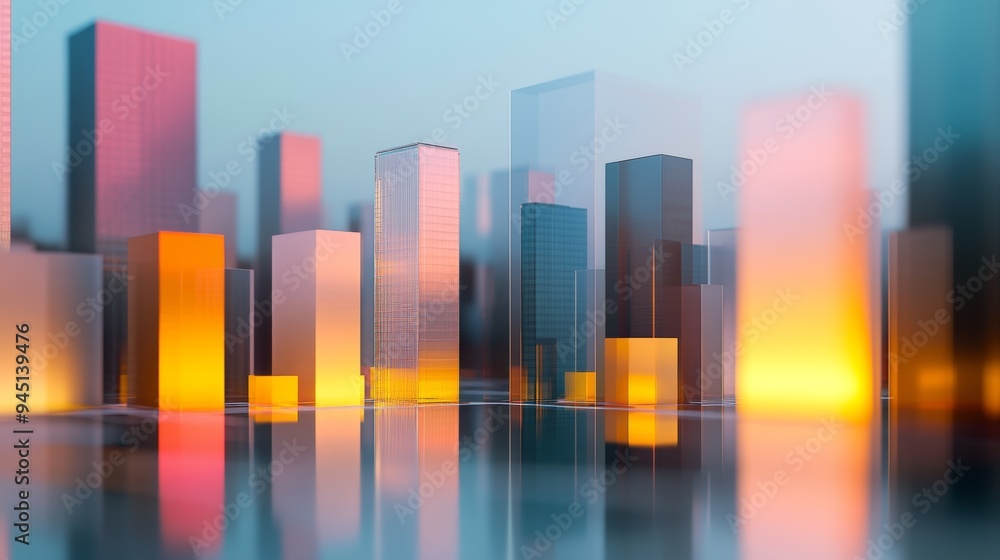 A cityscape at night where all the buildings are made of transparent glass A cityscape at night where all the buildings are made of transparent glass