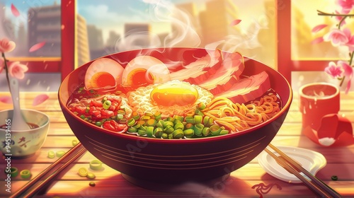 A steaming bowl of ramen with tender noodles, flavorful broth, and an assortment of toppings such as soft-boiled eggs, sliced pork, and green onions. photo