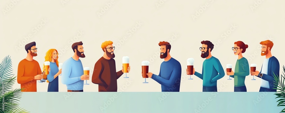 Group of friends enjoying drinks together, holding glasses and smiling in a casual social setting. Colorful illustration of friendship and celebration. Group of friends enjoying drinks together, holding glasses and smiling in a casual social setting. Colorful illustration of friendship and celebration.