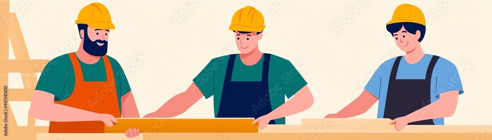 Illustration of three construction workers wearing hard hats and holding equipment, engaged in teamwork on a building project. Illustration of three construction workers wearing hard hats and holding equipment, engaged in teamwork on a building project.
