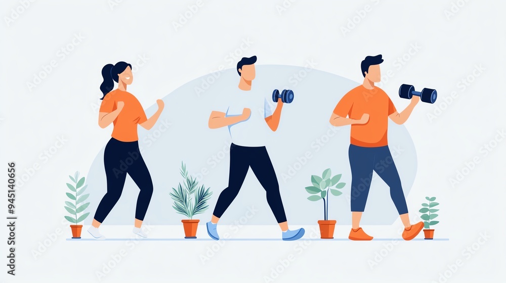 Obraz premium Illustration of three people exercising with dumbbells amid plants, showcasing fitness and a healthy lifestyle.