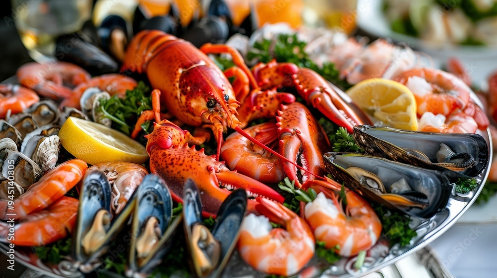 A sumptuous seafood feast with lobster, shrimp, mussels, and oysters, beautifully arranged on a platter A sumptuous seafood feast with lobster, shrimp, mussels, and oysters, beautifully arranged on a platter