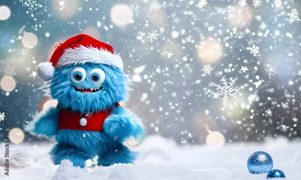 Cute monster in snowy magical atmosphere. Marry Сhristmas. Cute monster in snowy magical atmosphere. Marry Сhristmas.