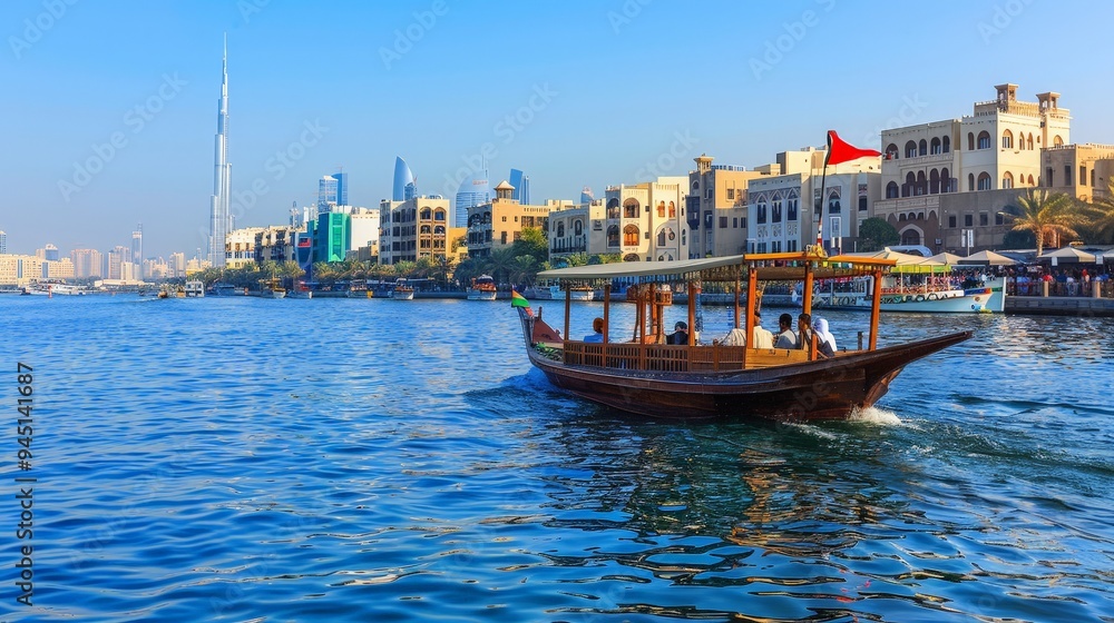 Obraz premium A traditional abra ride across Dubai Creek. The scene includes the wooden boat, historic buildings, and bustling waterfron