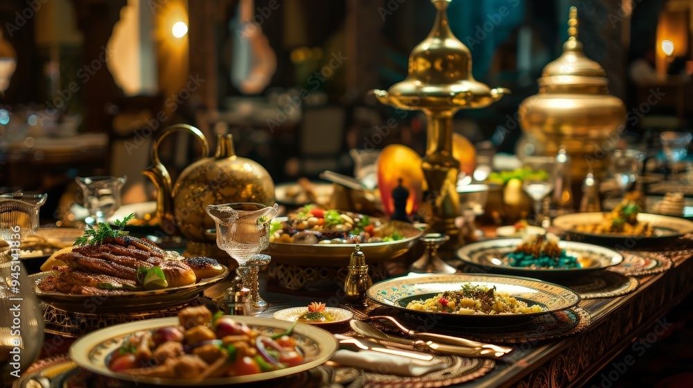 A traditional Arabian dining experience in Dubai. The scene includes a lavish spread of Middle Eastern dishes, intricate table settings A traditional Arabian dining experience in Dubai. The scene includes a lavish spread of Middle Eastern dishes, intricate table settings