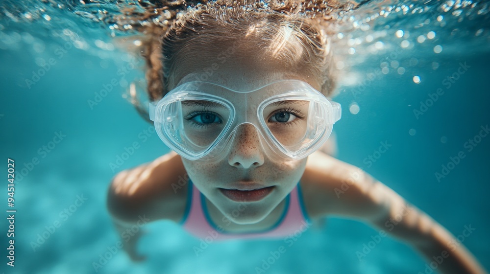 Naklejka premium A young girl is swimming in a pool wearing goggles