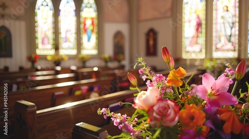 A traditional Easter church service with stained glass windows, floral arrangements, and a congregation in their Easter best.