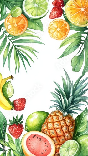 Watercolor frame fruits with Various type of fruits,Pineapple, watermelon,banana,orange, lime on white background. Hand painting on paper,set of fruit in watercolor style vector illustration.