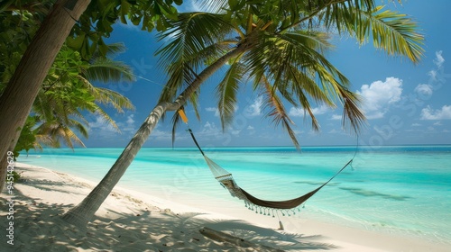 A tranquil beach in the Maldives, with crystal-clear turquoise waters and white sandy shores