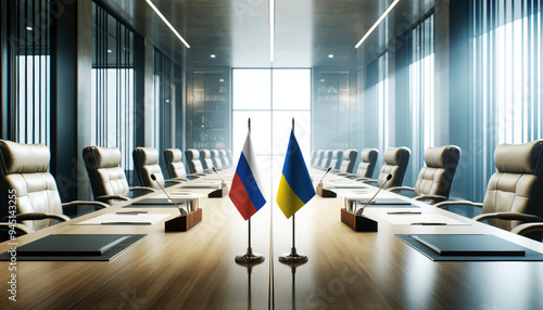 A modern conference room with Russia and Ukraine flags on a long table, symbolizing a bilateral meeting or diplomatic discussions between the two nations.