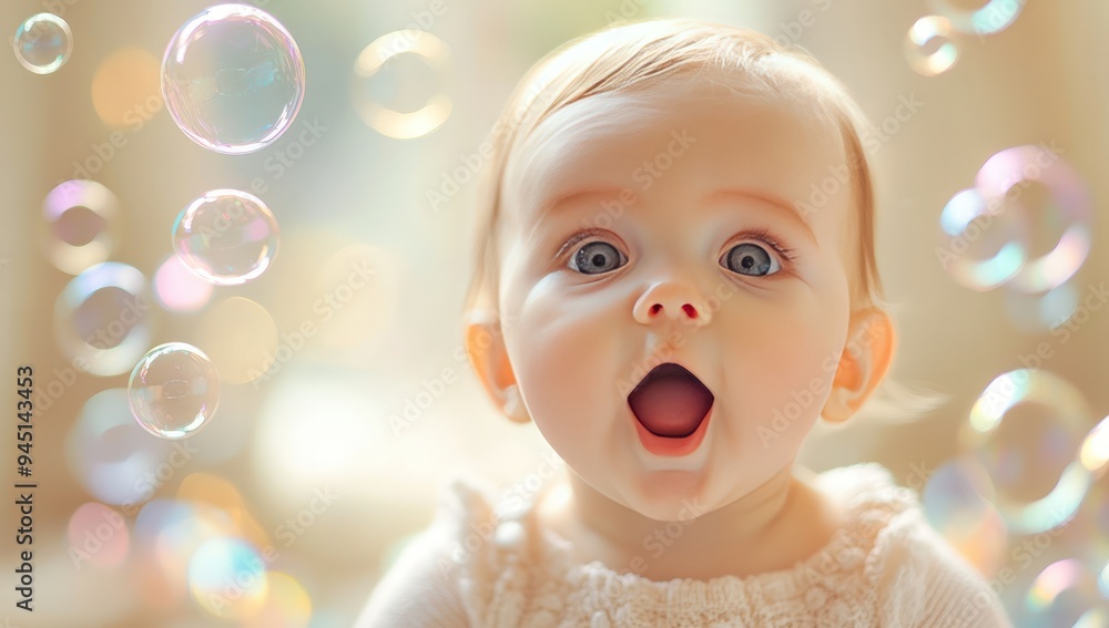 A close-up portrait of a baby with a joyful expression, captivated by the colorful bubbles floating in the air. A close-up portrait of a baby with a joyful expression, captivated by the colorful bubbles floating in the air.