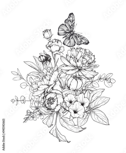 Beautiful hand drawn vector composition with black and white blooming peonies and other garden flowers, bumblebee, butterfly