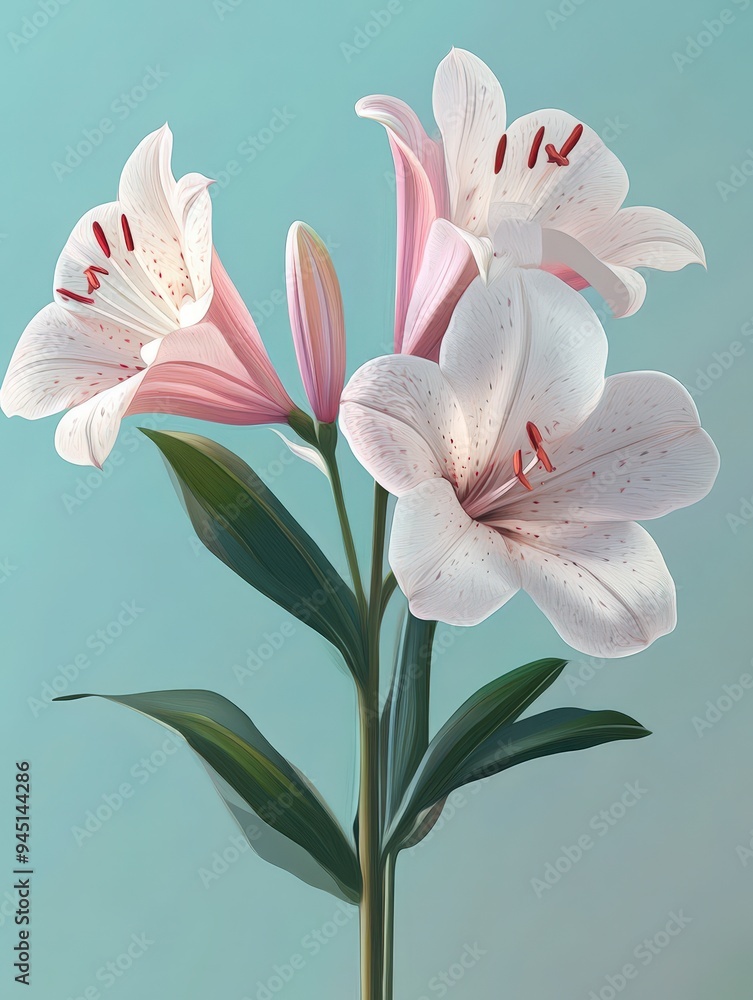 Fototapeta premium A digital illustration of elegant white lilies with pink accents on a soft background.