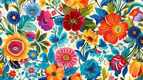 A vibrant floral pattern with bold, colorful blooms and intricate leafy vines. The flowers are depicted in a range of bright hues