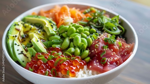 A vibrant poke bowl with fresh tuna, avocado, edamame, and a variety of toppings, all served over a bed of rice