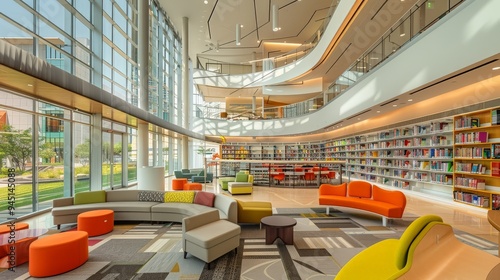 A vibrant public library with modern architecture. The building showcases innovative design elements, such as an open atrium