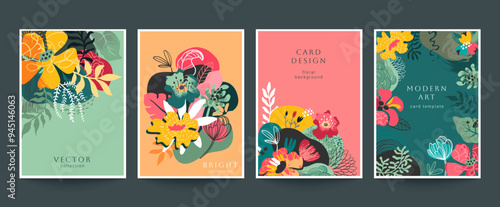 Set of four vector pre-made cards in modern style with nature motifs, flowers and leaves.