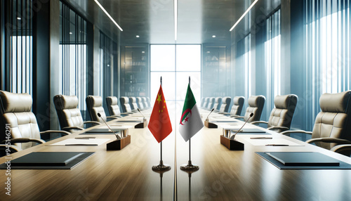 A modern conference room with China and Algeria flags on a long table, symbolizing a bilateral meeting or diplomatic discussions between the two nations.