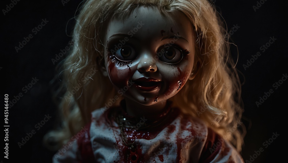 Ancient and terrifying scary dolls. scary toys. Halloween,child in a Halloween costume, scary face with blood Ancient and terrifying scary dolls. scary toys. Halloween,child in a Halloween costume, scary face with blood