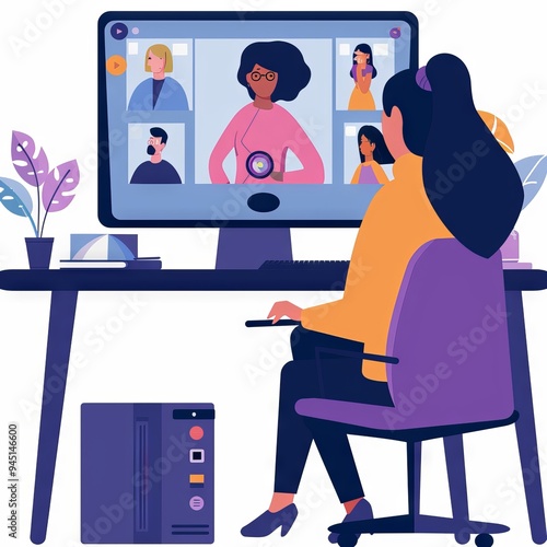 Virtual Meeting Illustration with Woman on Video Conference Call photo