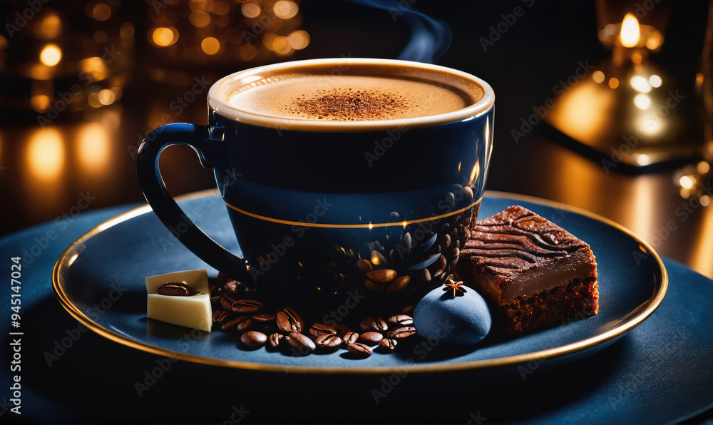 A cup of coffee with a brownie and chocolate on a blue saucer A cup of coffee with a brownie and chocolate on a blue saucer