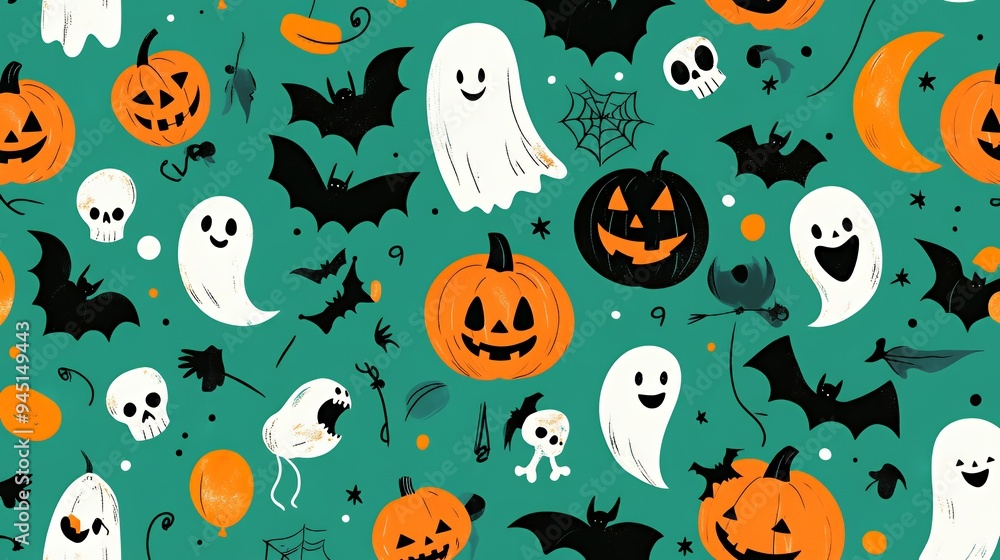 A playful Halloween-themed pattern featuring ghosts, pumpkins, bats, and skulls. A playful Halloween-themed pattern featuring ghosts, pumpkins, bats, and skulls.