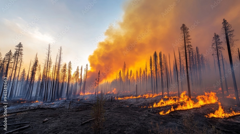 A dramatic image of a wildfire raging through a dense forest A dramatic image of a wildfire raging through a dense forest