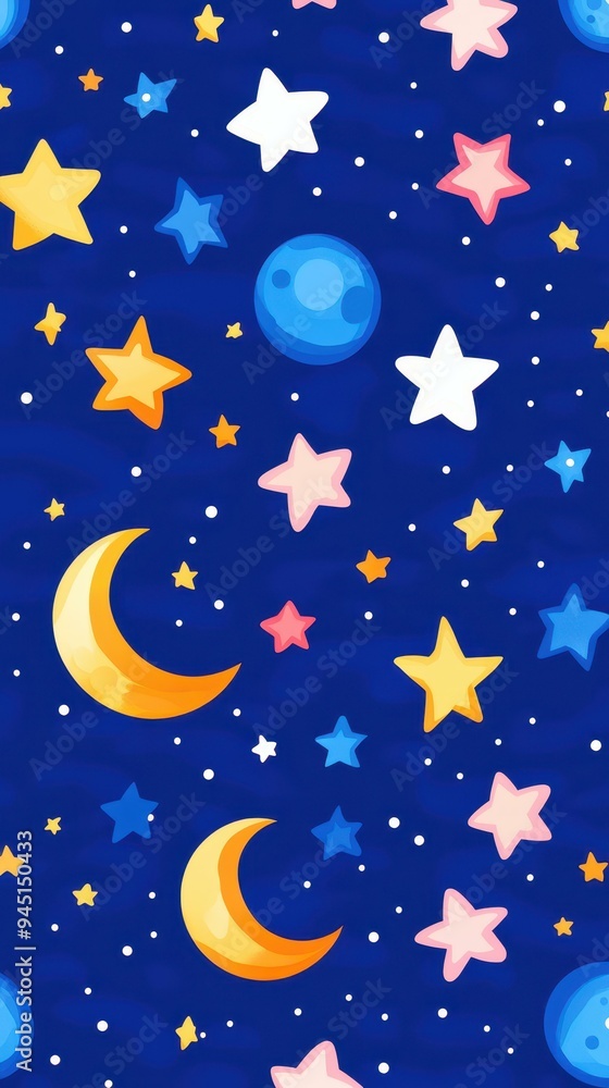 A fun and vibrant cartoon pattern featuring galaxies, comets, stars, and a moon, all in a flat minimalistic style. A fun and vibrant cartoon pattern featuring galaxies, comets, stars, and a moon, all in a flat minimalistic style.