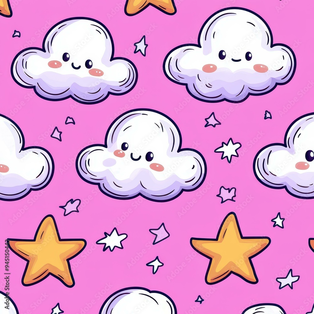 A whimsical pastel pattern featuring cute pink and purple stars and clouds, outlined delicately for a kawaii touch. A whimsical pastel pattern featuring cute pink and purple stars and clouds, outlined delicately for a kawaii touch.