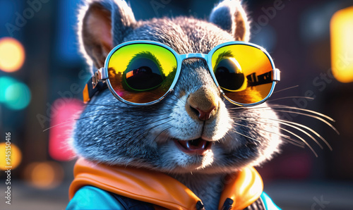 A cool squirrel wearing sunglasses smiles at the camera in an urban setting