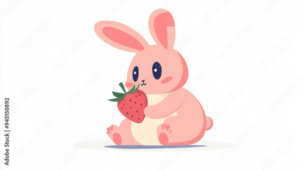 Fototapeta premium Adorable baby rabbit munches on a fresh strawberry in this charming illustration, perfect for kids decor.