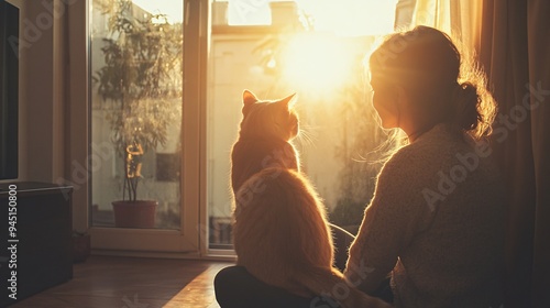 A person sitting with their pet cat in a sunlit room, with both looking content and the cat purring photo