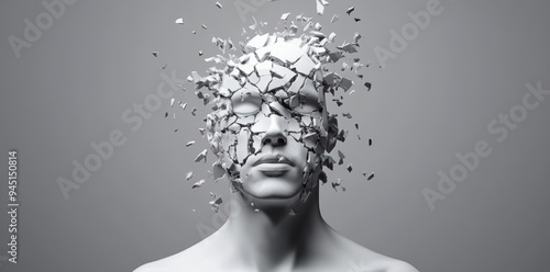 A human figure fragmented into pieces, symbolizing the breakdown caused by fatigue, sleepiness, and mental exhaustion, portraying the effects of overstrain on both body and mind. photo