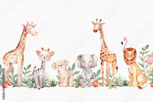 Adorable watercolor safari animals illustration of a giraffe, elephants, tiger, flamingo, deer, lion, and zebra, wildlife tropical leaves and flowers on a white background