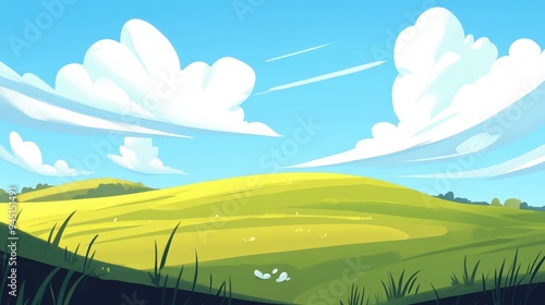 A vibrant flat grassland basking under the sun, animated with clouds and gentle winds creating a serene scene.