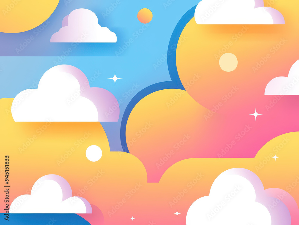 Experience a vibrant cloud layout with bold, high saturation colors, blending fluid graphics and a simple design for striking visuals.