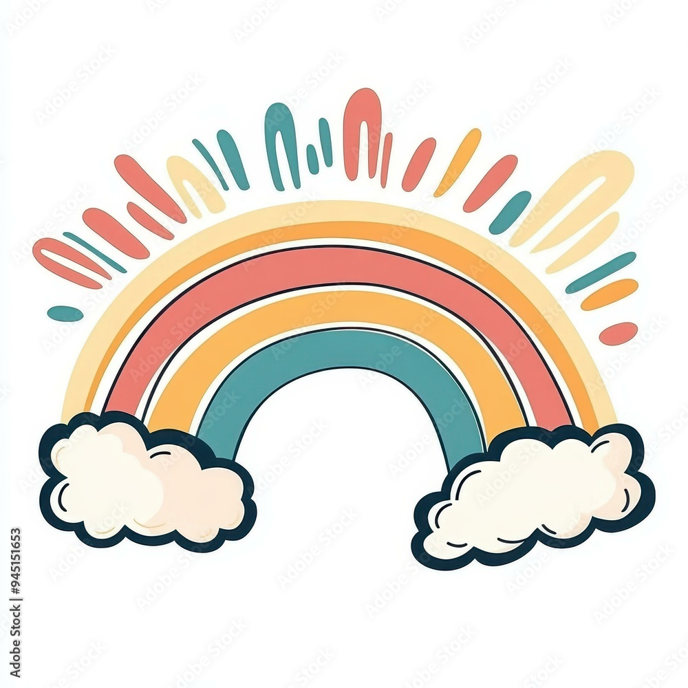 Delightful illustration of a rainbow with soft clouds in muted colors, perfect for adding charm to any design project. Delightful illustration of a rainbow with soft clouds in muted colors, perfect for adding charm to any design project.