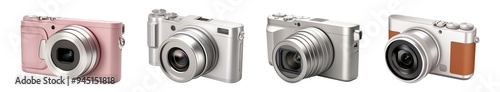 Compact digital cameras in various colors isolated on white background