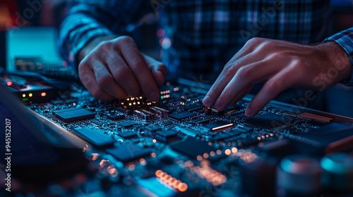 A software engineer working on embedded systems, with hardware components and code editor visible on the desk