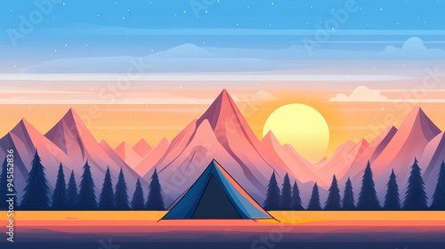 A cozy tent stands tall against majestic mountains, illuminated by the gentle hues of a radiant sunset.