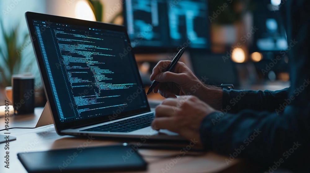A software developer in a creative workspace, with a tablet for sketching code designs and a laptop displaying complex programming tasks A software developer in a creative workspace, with a tablet for sketching code designs and a laptop displaying complex programming tasks