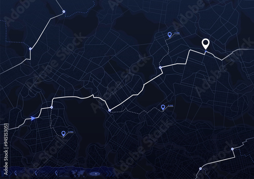 Digital map with road network. Highlights routes with line and several blue location markers with POI and specific destinations. The background is grid of streets and areas,