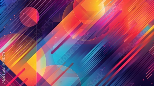 An abstract background with intricate geometric designs and vibrant color gradients. The scene includes dynamic shapes