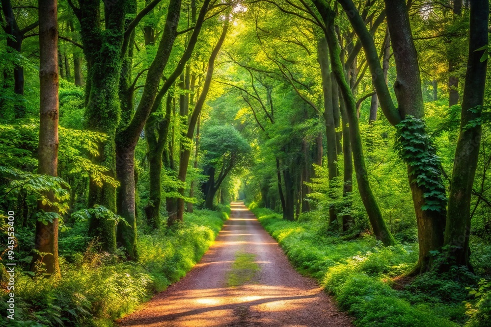Obraz premium A winding path meanders through the forest, supported by lush greenery, surrounded by the vibrant hues of blooming trees and the soothing sounds of nature.